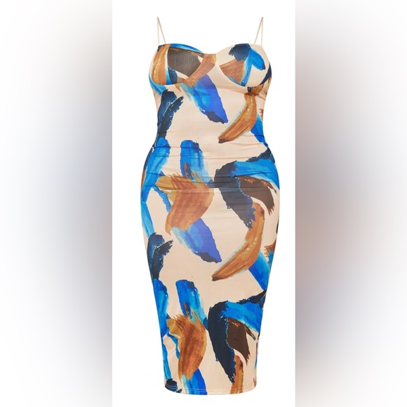 NWT Plus Blue Abstract Print Crinkle Rib Cup Detail Midi Dress - Picture 3 of 4